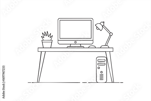 Modern Workspace Setup Vector with Desktop PC and Accessories