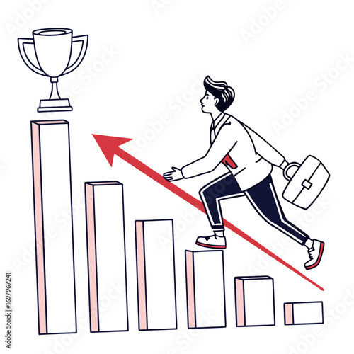 Businessman climbing rising graph bars towards trophy symbolizing success and achievement in business growth and career advancement