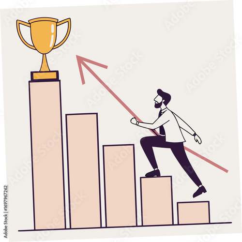 Businessman climbing stairs on a bar graph towards a golden trophy representing success and achievement