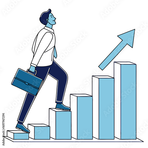 Businessman climbing stairs made of bar chart segments with upward arrow symbolizing career growth and success