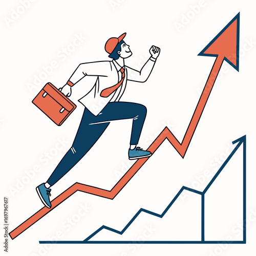 Businessman running up an upward trending graph with a briefcase and a cap symbolizing career growth and success