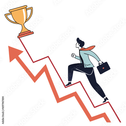 Determined businessman running up a jagged arrow graph towards a golden trophy symbolizing success and achievement
