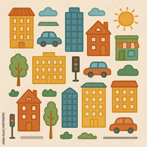 set of cartoon houses and buildings