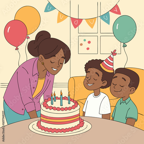 Happy african american mother celebrating a birthday with her two young sons and a cake with lit candles