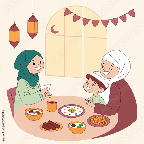 Happy muslim family enjoying a festive meal together around a table with delicious food and decorations