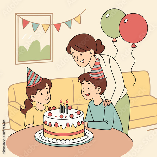 Happy family celebrating a birthday with a cake and balloons in a cozy living room setting