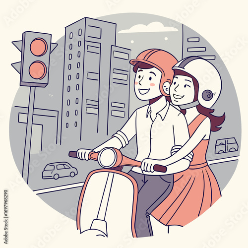 Happy young couple wearing helmets riding a scooter together through a city street with buildings and traffic lights