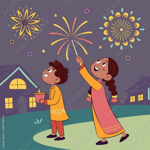 Joyful hindu children celebrating diwali festival with fireworks and diyas under a starry night sky