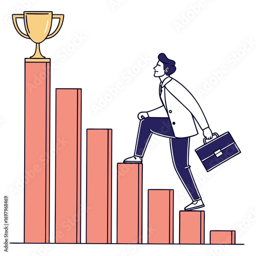Man climbing a bar graph representing career growth towards a golden trophy symbolizing success and achievement