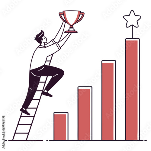 Man climbing ladder to reach trophy on top of growing bar chart representing success and achievement