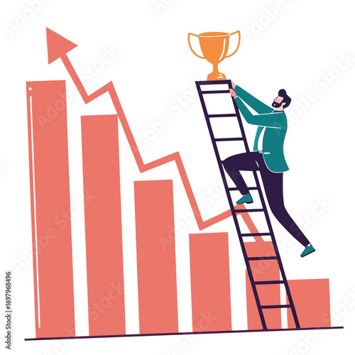 Man climbing ladder towards trophy above rising bar graph symbolizing success and achievement in business growth