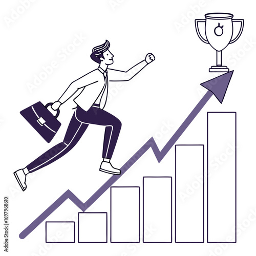 Motivated businessman running up a rising bar graph towards a trophy symbolizing success and achievement
