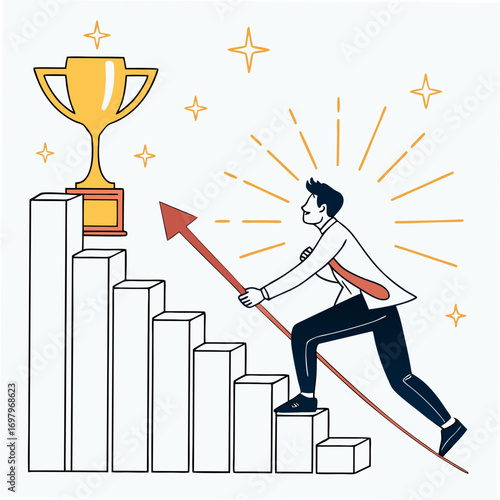 Motivated businessman climbs increasing bar graph towards golden trophy symbolizing success and achievement