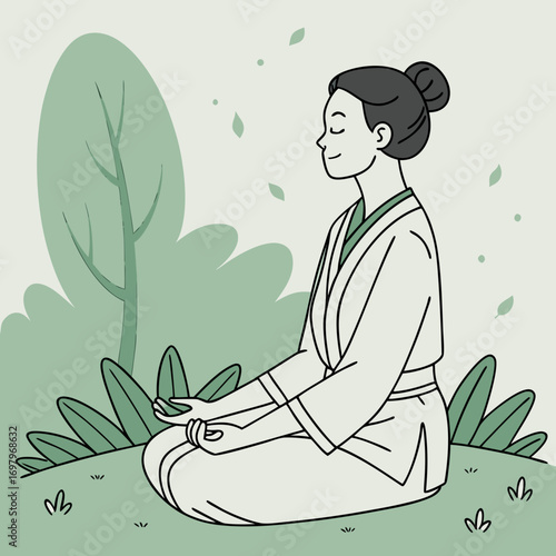 Serene woman in traditional japanese clothing meditating peacefully outdoors surrounded by nature and gentle falling leaves