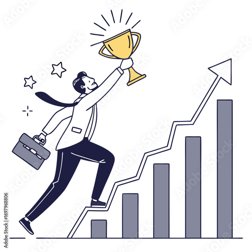 Successful businessman climbing upward graph holding a golden trophy celebrating achievement and career growth