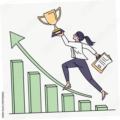 Successful businesswoman celebrating victory with a trophy and climbing a rising bar graph chart representing growth