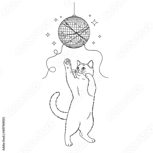 Playful cat standing on hind legs reaching for a sparkling disco ball line art.