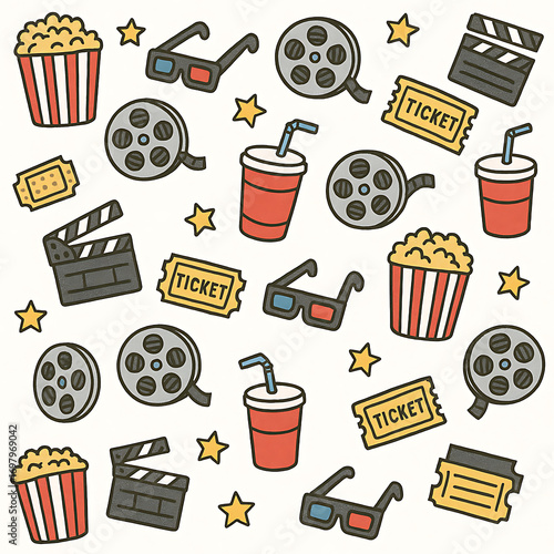 seamless pattern with cinema, popcorn and soda