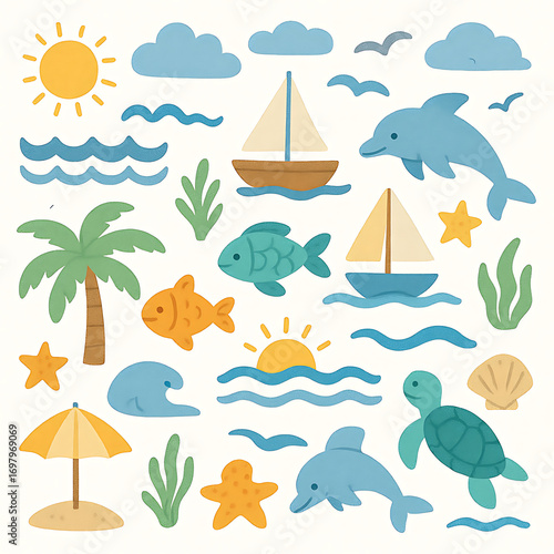 set of sea animals and icons