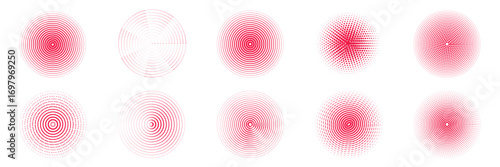 Set of radiate echo patterns. Red concentric circular and radial shockwave collection. Abstract vector round, ripple, signal elements.