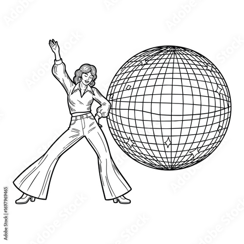 Retro 1970s disco dancer in bell bottoms posing next to a large mirror ball line art illustration.