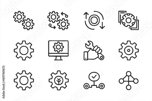 Mechanical Engineering Icons Featuring Gears, Wrench, and Adjustment