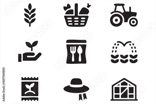 Organic Farming Icons with Plant Growth, Food, and Farm Lifestyle