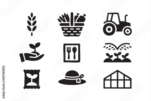 Vector Farm Icons with Basket of Vegetables, Tractor, and Seeds