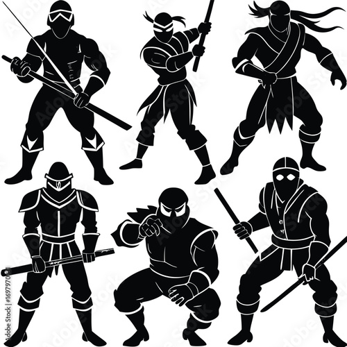 Silhouette illustration of six ninjas in various poses with weapons.