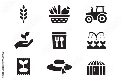 Farming Icons with Tractor, Crops, Vegetables, and Greenhouse