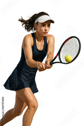 Female tennis player hitting forehand on transparent background