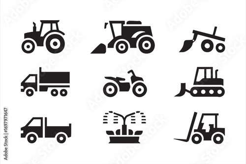 Modern Farm Machinery Icons with Tractor, Pickup, and Sprinkler System
