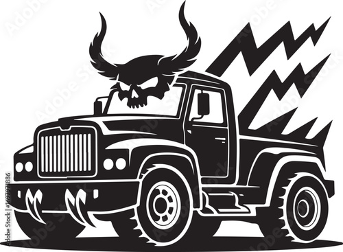 Black and white illustration of a menacing skull on a monster truck vehicle automotive