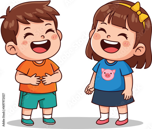 Cartoon children laughing, friendship moment, happy kids, joyful expression, playful illustration, smiling characters, colorful drawing, emotional bond, cheerful scene, fun together