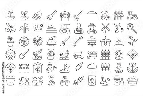 Agriculture and Farming Icons Set with Tools, Crops, and Farmers