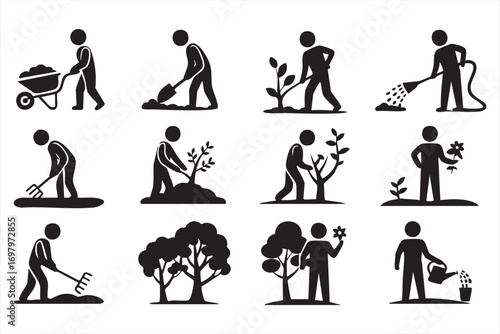 Vector Set of Garden Work Icons Featuring Planting and Tools
