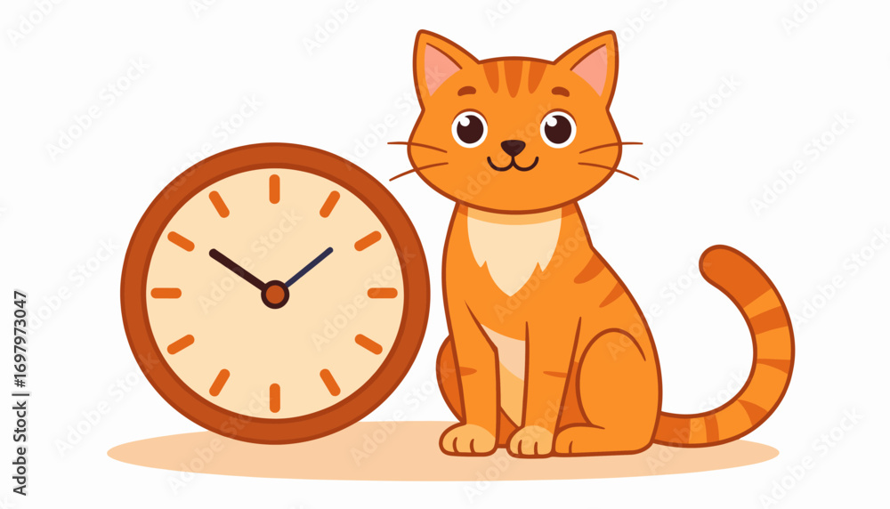 Obraz premium Sitting orange cat with clock illustration