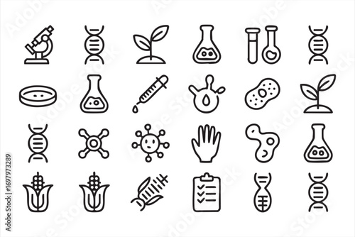 Genetic Engineering Icons Set with Molecules, Syringe, and Cells