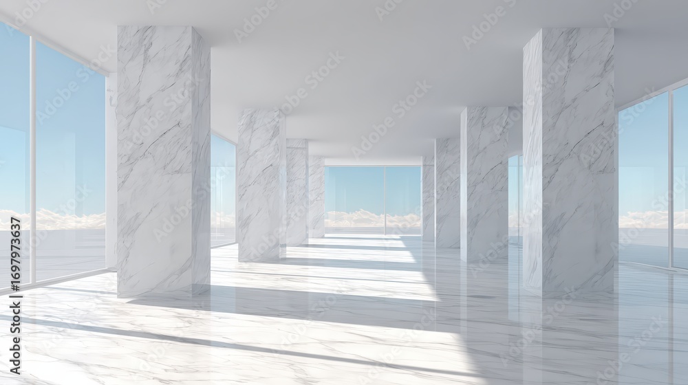Obraz premium Modern spacious interior with large overlooking snowy landscape, bright natural light, minimalist design, marble floors