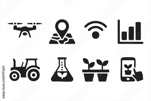 Modern Agritech Icons Featuring Drone, Tractor, and Lab Science