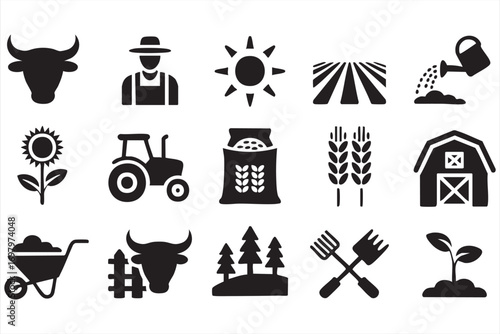 Agriculture and Farming Icons Set with Tractor Barn Cow and Crops