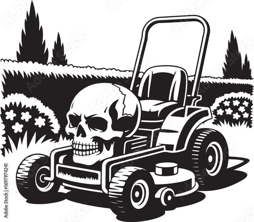 Black and white illustration of a skull on a riding lawn mower in a garden riding mower