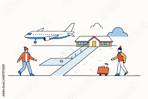 Snow-covered airport runway with planes, people in warm clothes with luggage, snowy urban vector illustration