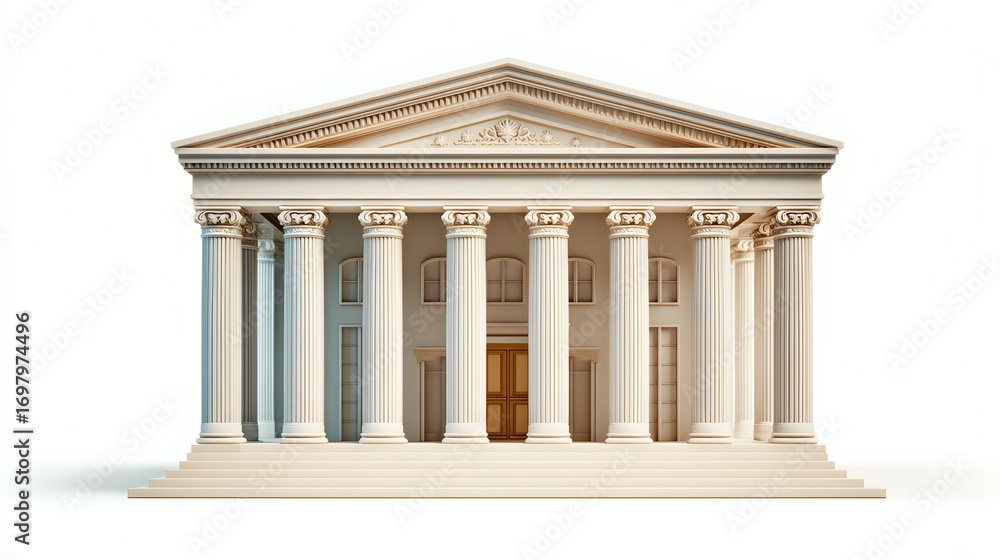 Fototapeta premium Classical architecture facade with ornate columns, representing history, law, finance, and governmental institutions. isolated on white background