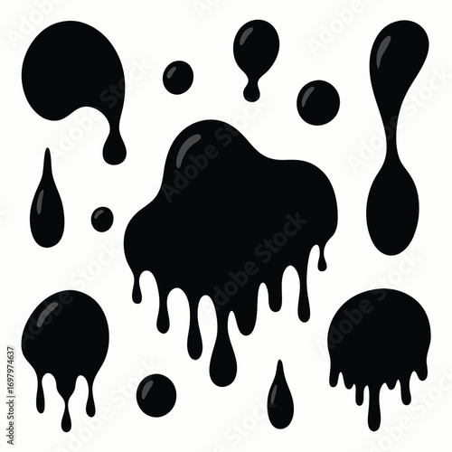 A collection of various black dripping liquid splatters, drops, and blobs isolated on a white background.