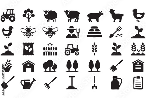 Tractor, barn and livestock farming vector symbols in black design