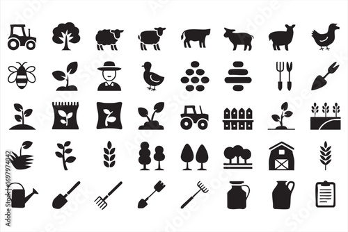 Agriculture and rural lifestyle silhouette icons collection isolated on white