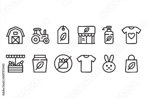 Eco friendly shopping and cruelty free vector icons collection in line style