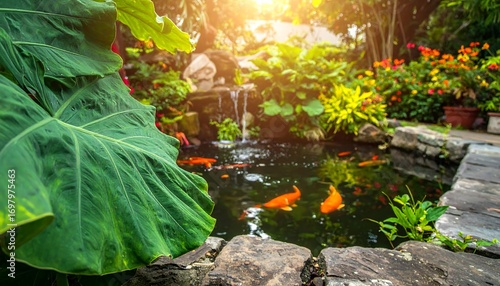 Lush garden pond with koi