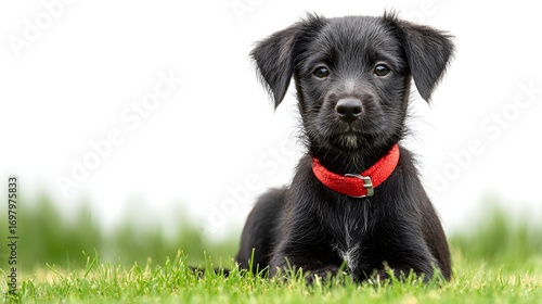 Adorable black puppy with red collar sitting in lush green grass, heartwarming pet portrait. isolated on white background